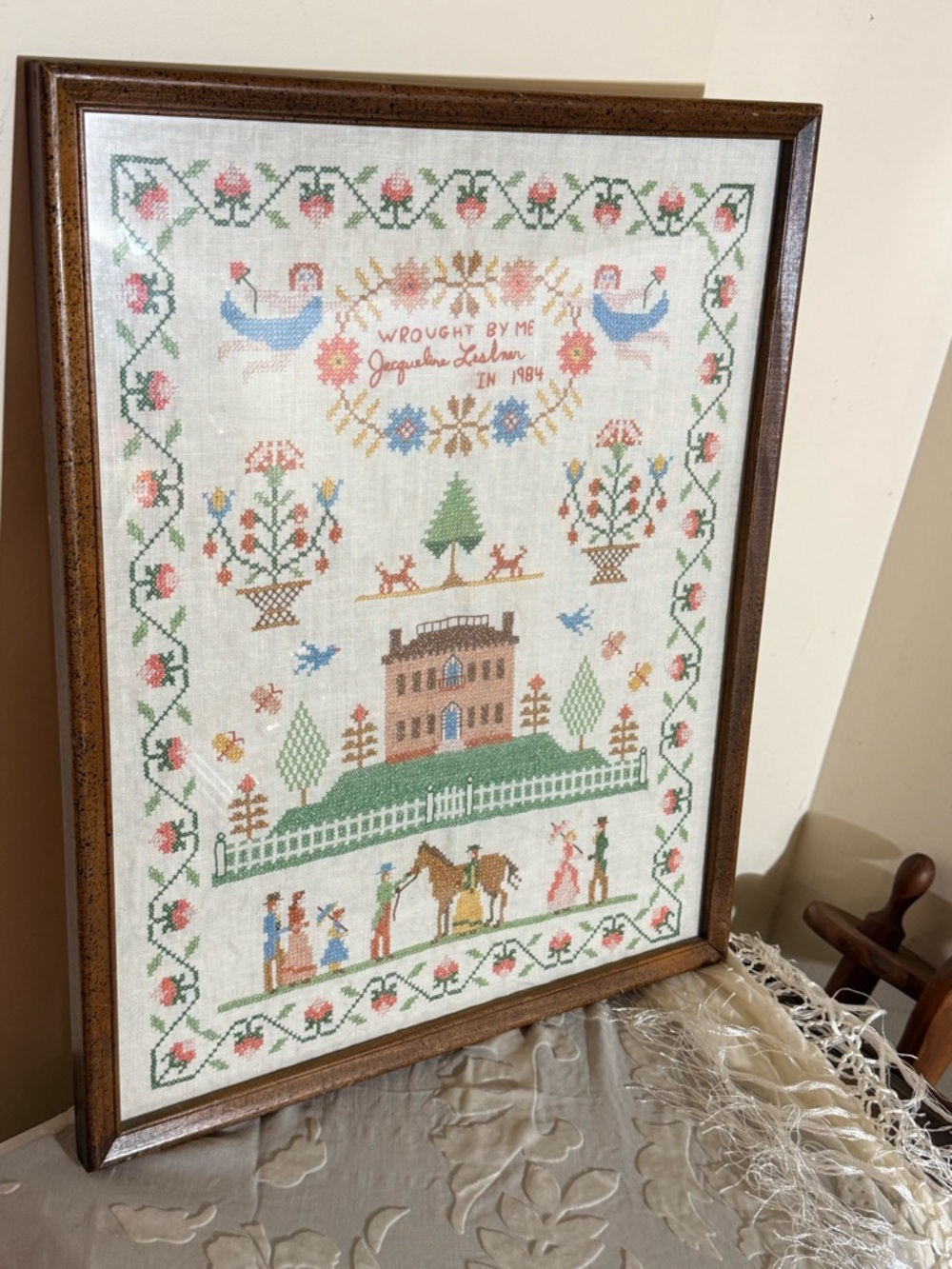 Framed Vintage Cross Stitch Sampler in Pastel Colors